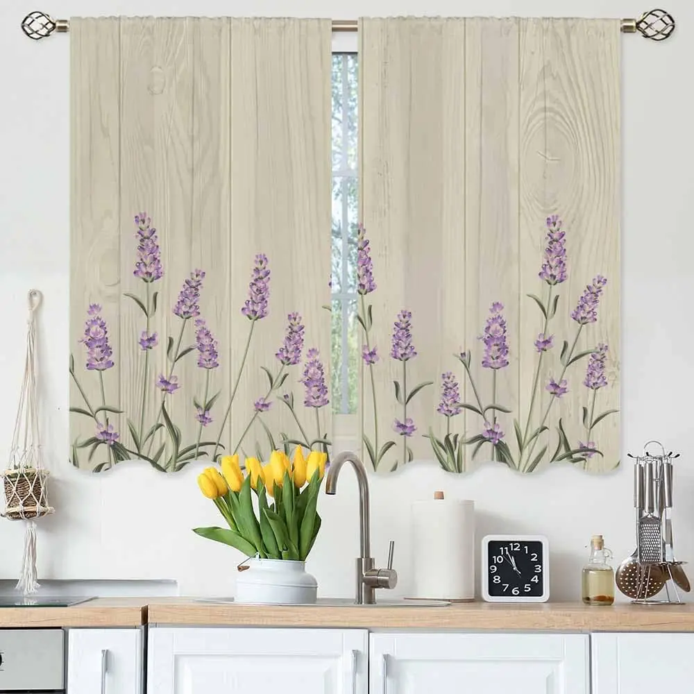 Lavender Bouquet Kitchen Curtains Purple Flower Aromatic Field Herb Short Tier Curtains for Bathroom Cafe Small Window Drapes