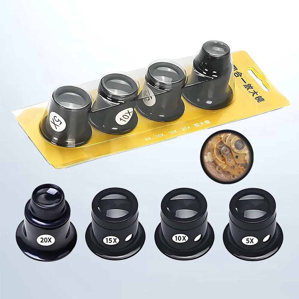4 pçs/set lupa monocular relógio reparação olho lupa lupas 5x 10x 15x 20x lente jóias lupa relojoeiro kits de ferramentas