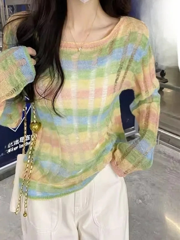 

Rainbow Striped Thin Base Shirt Women's Spring Autumn Dopaamine Spicy Design Hollow out Knitted round Neck Sweater