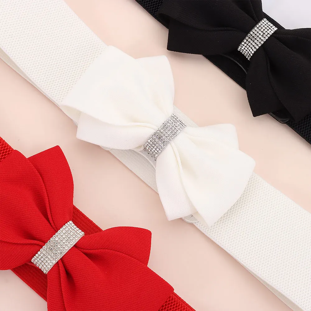 Adjustable Buckle Women's Elastic Wide Belt Plus Size Solid Color Elastic Bow Belt Rhinestone Stretch Belt