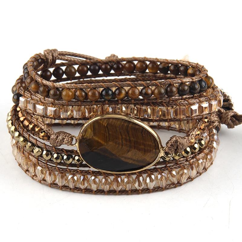 RH Fashion Leather Boho Armbander Green Mixed Natural Stones Charm 5 Strands Beaded Wrap Bracelets DropShipping