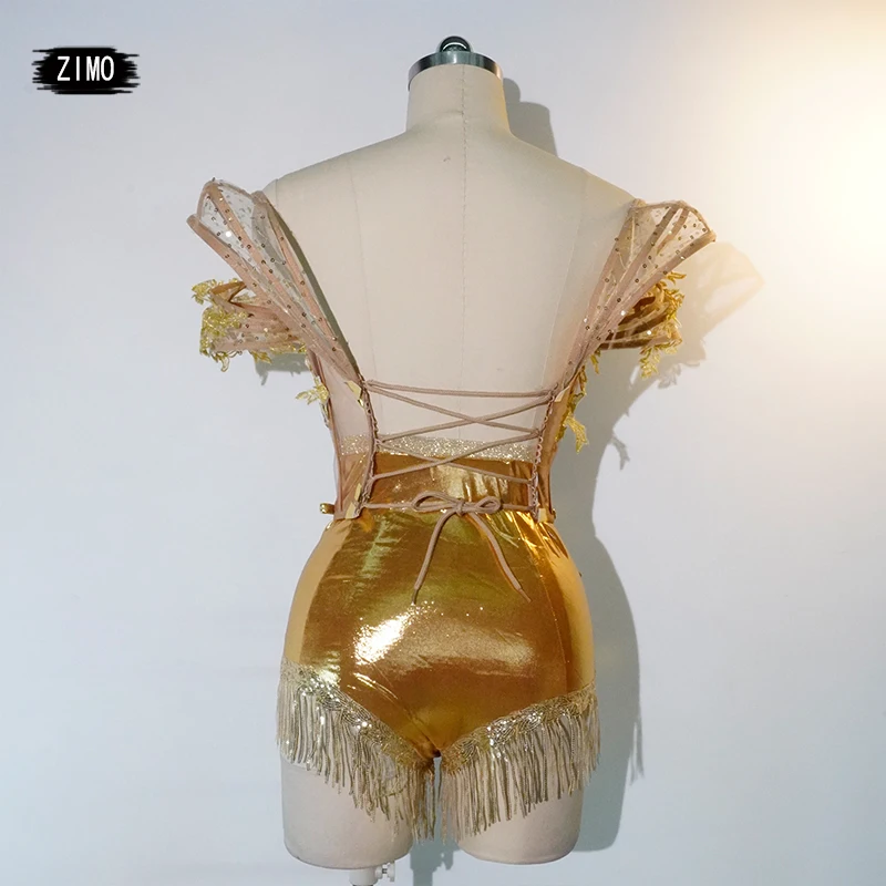 Сексуальное и роскошное платье с золотыми блестками и кисточками на спине и рукавами для латинских танцев на день рождения, Dj Club Ds Performance, наряд Drag Queen