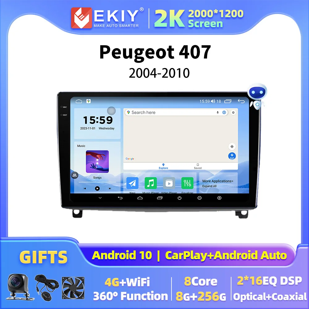 EKIY Car Radio For Peugeot 407 2004-2010 Multimedia Player 4G WIFI BT GPS DSP Navigation CarPlay Android Auto Audio Video