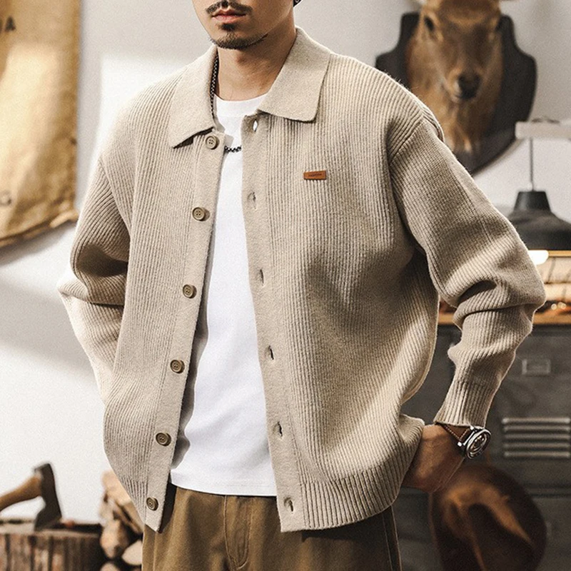 New Casual Button-up Knitted Cardigan For Mens Fall Winter Vintage Turn-down Collar Slim Sweater Jacket Men Trendy Knitting Coat
