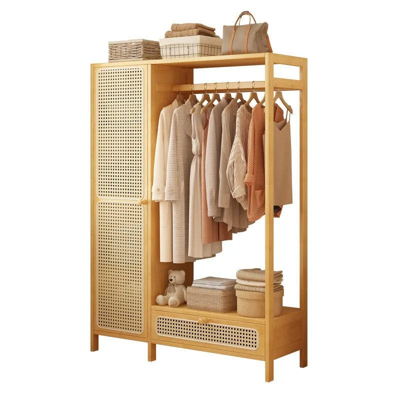 Nordic simple wardrobe, floor-to-ceiling coat rack rattan wardrobe, household bedroom four-season sorting and storage hanger