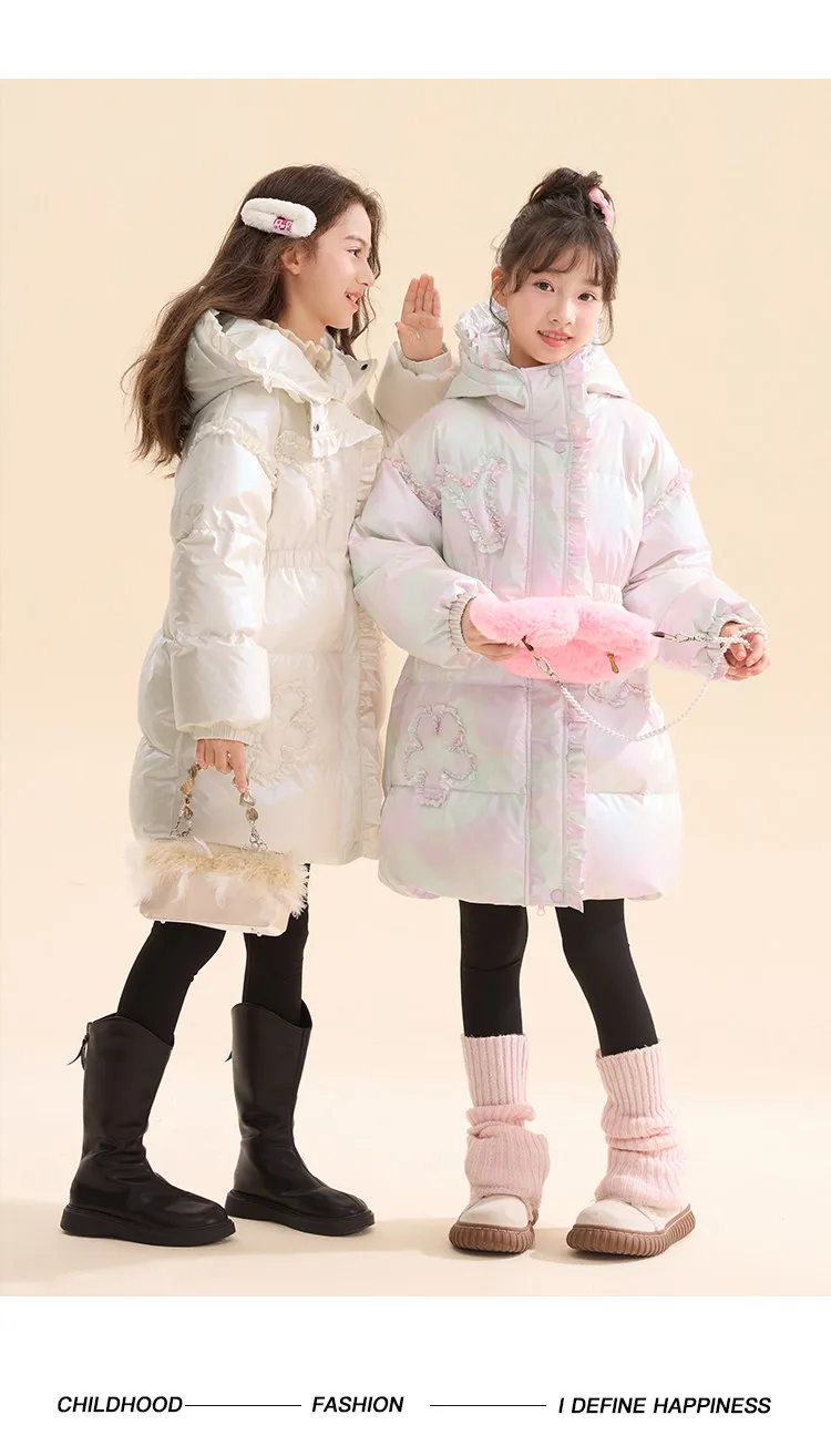 Langer Daunenmantel mit Kapuze für Mädchen, 90 % weiße Entendaunen, warmer Winterparka mit Spitze und Rüschen, winddichte, dicke Oberbekleidung für Teenager und Kinder, A5123 – Detail 11