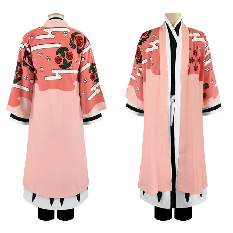 Anime Bleach Kyoraku Shunsui Cosplay Costume Thousand-Year Blood War Pink Kimono Black Shinigami Attire Outfit  Cloak Shoes Set