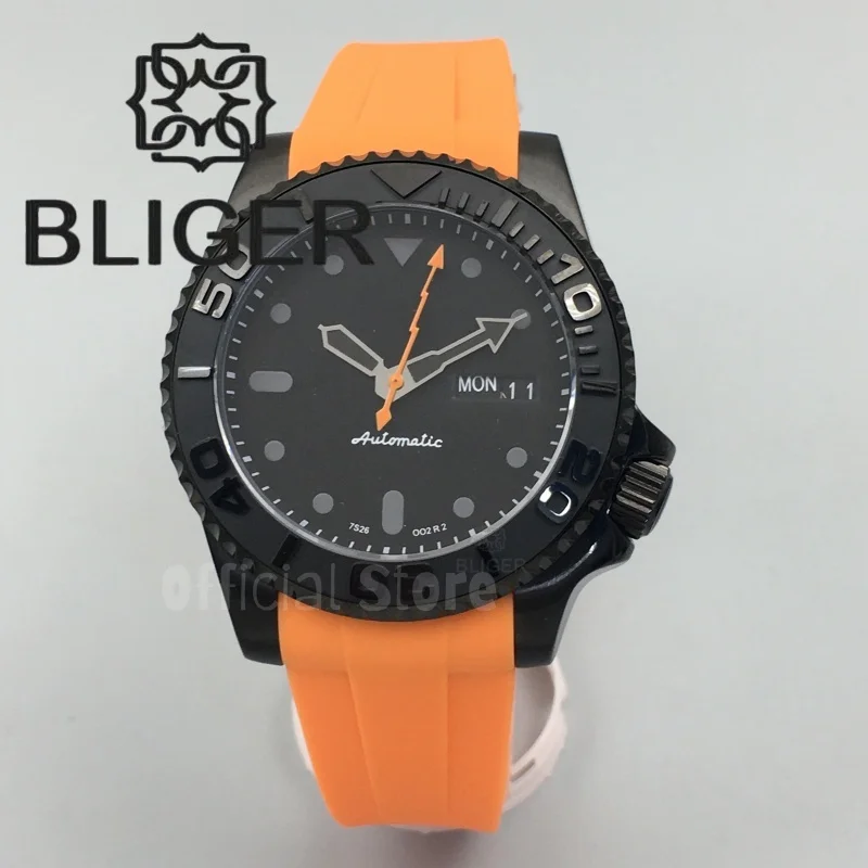 

Мужские часы BLIGER 40,5 мм NH36, черный матовый керамический безель, сапфир, 3,8, заводная головка, светящийся оранжевый, желтый, секундные стрелки, резиновый ремешок