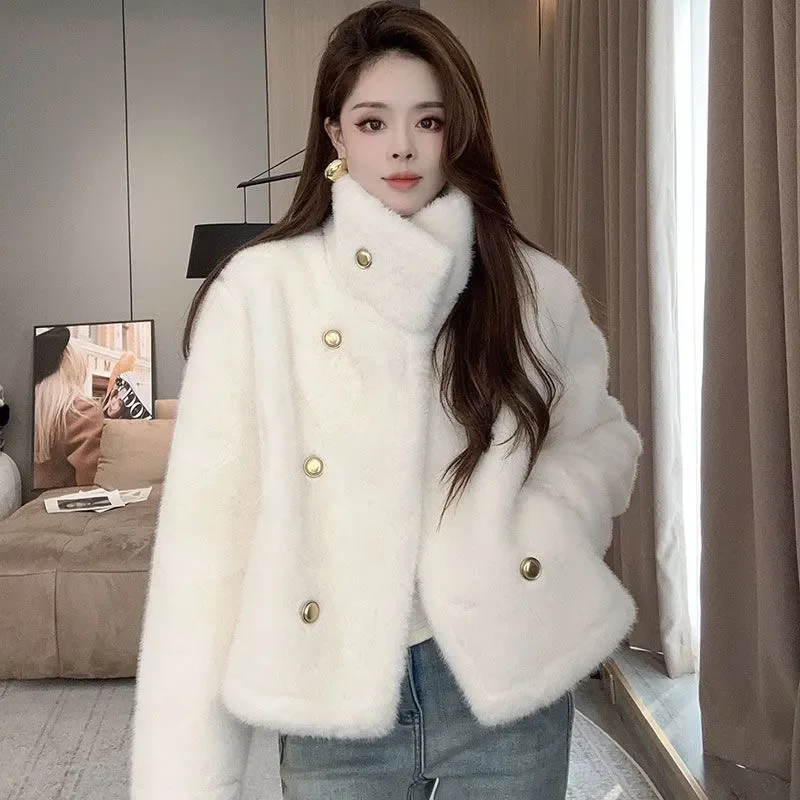 Cropped Faux Fur Coat 2024 Winter Warm Stand Collar Fluffy Jacket Elegant Long Sleeve Overcoats Female Clothes Top