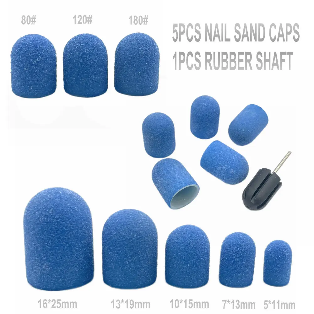 5pcs Blue Nail Sanding Caps With Rubber Nail Drill Bit Electric Nail Clean Burr Rotary Gel Polish Burr Accessories Tools