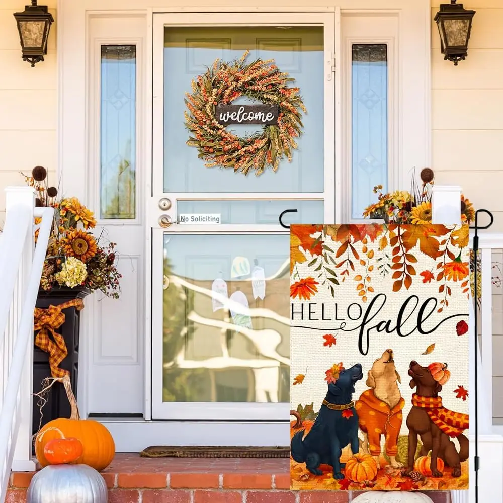 RABUSOFA Hello Fall Dog Garden Flag 12x18 Inch Double Sided for Outside, Autumn Leaves Thanksgiving Pumpkin Outdoor Seasonal Yar