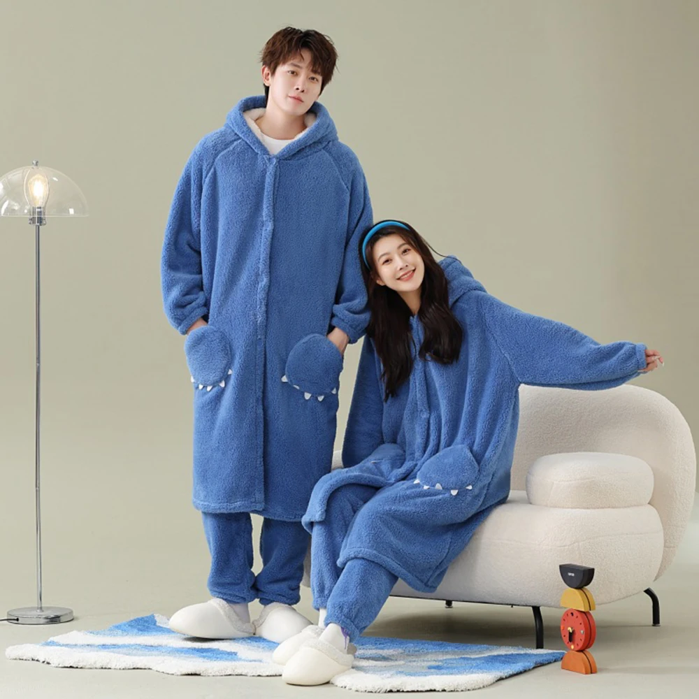 Women Winter Night Dress Warm Nightgown Suit Sleepwear Anime Pajamas Set 2PCS Nightwear Flannel Home Clothes Men\'s Bathrobe Set