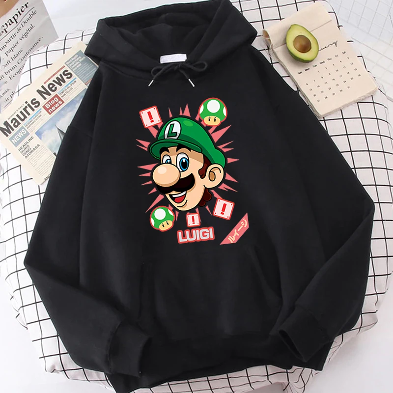 

Mario Printed Women's Autumn and Winter Hoodie Plus Fleece Sweater Black Loose Top