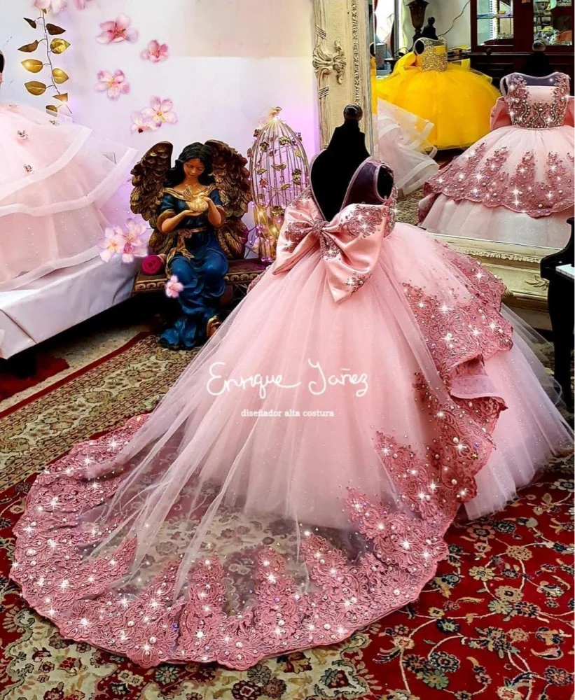 Custom Made Pink Flower Girl Dress 2024 Mini Quinceanera Birthday Party Gown Wedding Formal Pageant Daughter Sister Princess