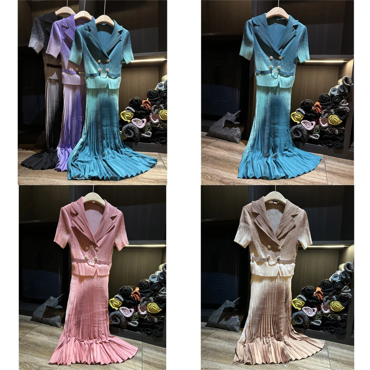 

Miyake Pleated Summer New Elegant Gradient Color Fake Two-piece Pleated Fashionable Suit Collar Short Sleeved Dress for Women