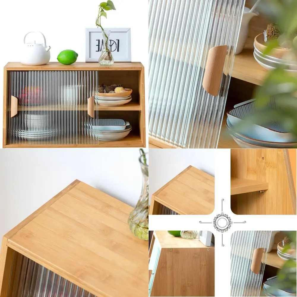 

Burl Wood Freestanding Kitchen Pantry Cabinet with 2 Glass Doors, Adjustable Shelf for Dining Storage