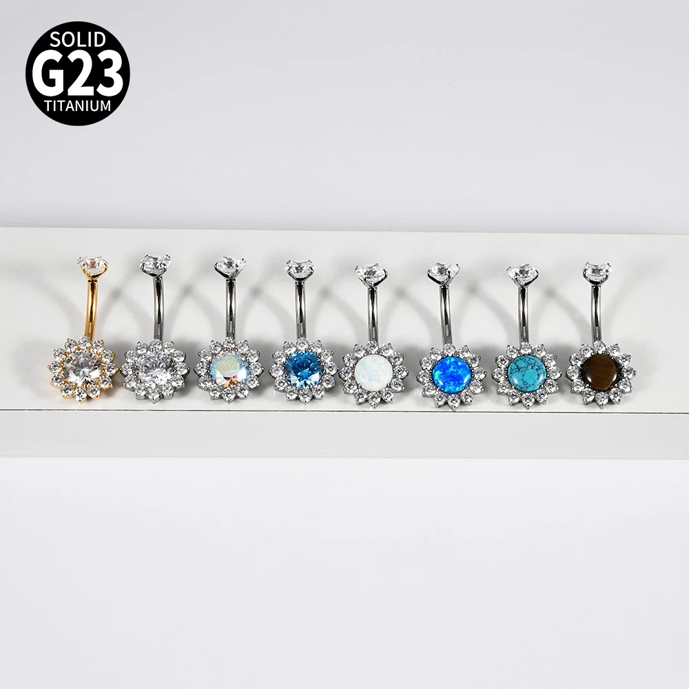1PC Titanium Flower Clear Zircon Belly Button Internally Threaded Opal Navel Belly Button Ring Piercing Body Jewelry 14G