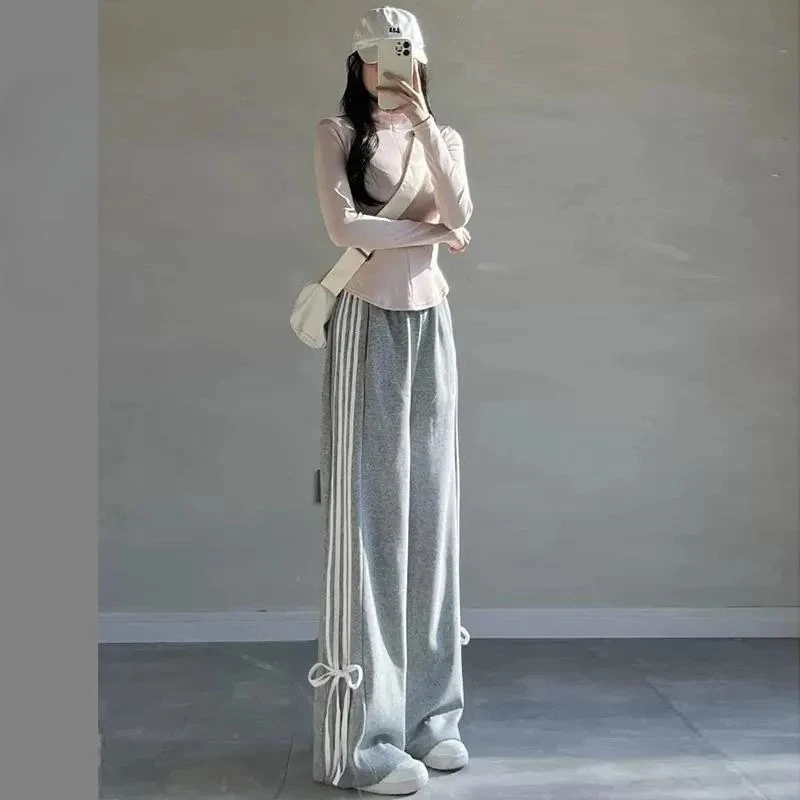 Uitgebreide maat 18-30 damesbroek: Y2K gestreepte broek met strikriem, oversized rechte pijpen, comfortabele studentenjoggingbroek 2025