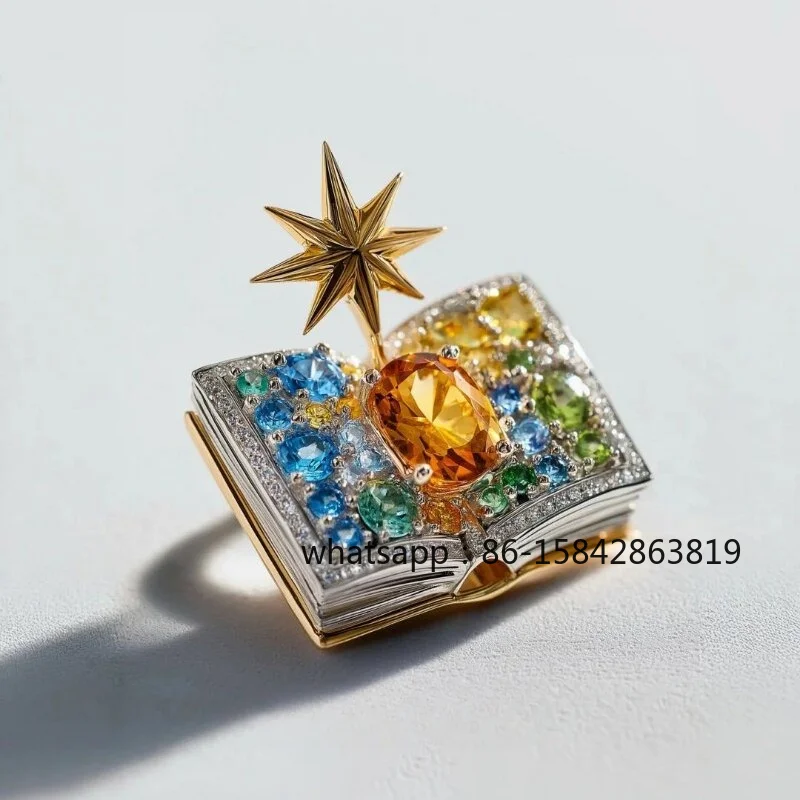 Magic Book Brooch, Badge Button Full Diamond Octagram, Suit Coat Accessories