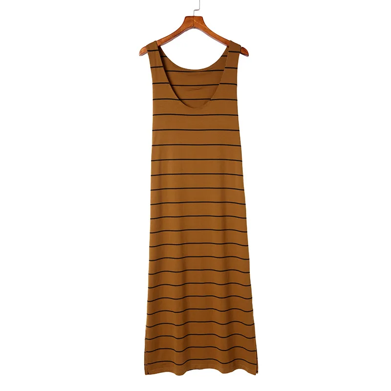 Brown striped print strapless sleeveless long womens new straight dress