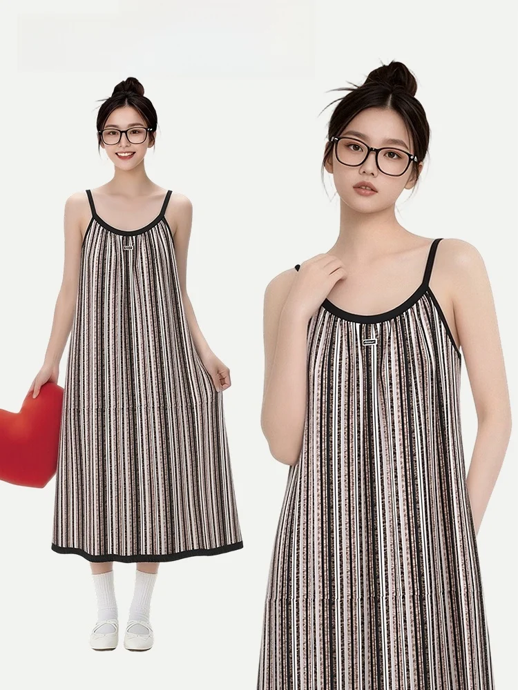 

Summer Thin Soft Modal Striped Chemise Women's Home Clothes Outerwear Possible with Chest Pad Comfortable Breathable Nightgown