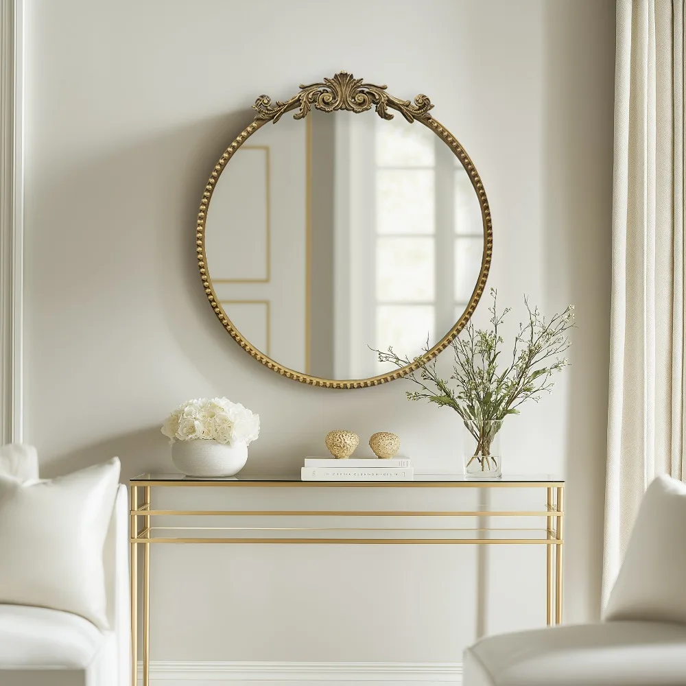 

Growsun 28" Vintage Round Mirror Baroque Style Circle Mirror Metal Frame Wall Mirrors for Vanity, Bathroom Or Bedroom