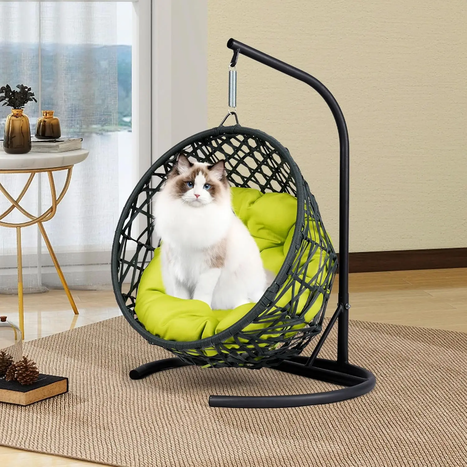 

Living Room Small Animals Green Hanging Egg Cat Swing Chair Pet Basket Bed Chair With Rattan Wicker Appearance