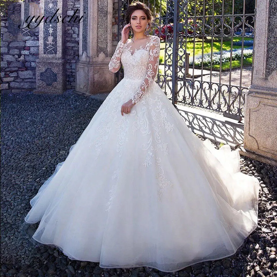 2023 Princess Wedding Dresses Elegant Long Sleeves Tulle Illusion Lace Appliques Bridal Train Dress For Women Vestido De Noiva