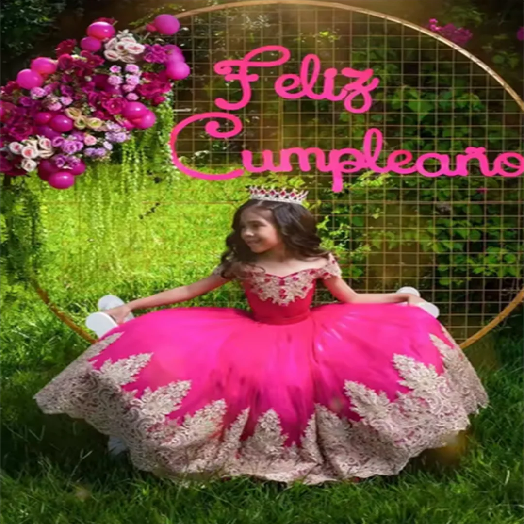 

Hot Pink Princess Puffy Dress Tulle Ball Gown Gold Appliques Long Off-Shoulder for Birthday Wedding Pageant Party Prom