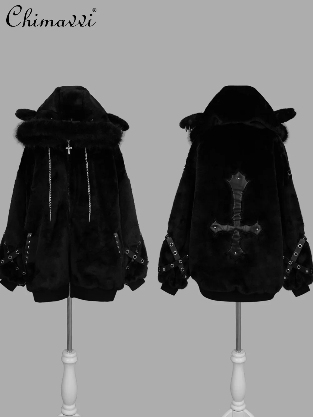 Japanese Mine Series Riveted Cross Sheep Ear Hooded Jacket Winter New Goth Punk Dark Girls Imitation Fur Plush Coat Women