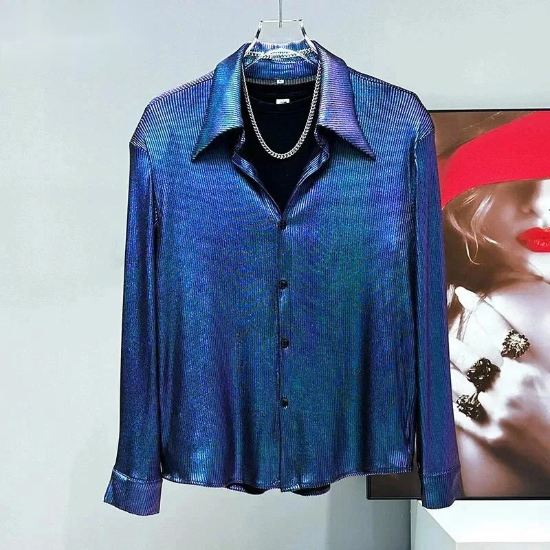 Gradient Color Men Shirt Stylish Niche Design Shoulder Pads Loose Elastic Tops Long Sleeve Single-breasted Clothes CFR56