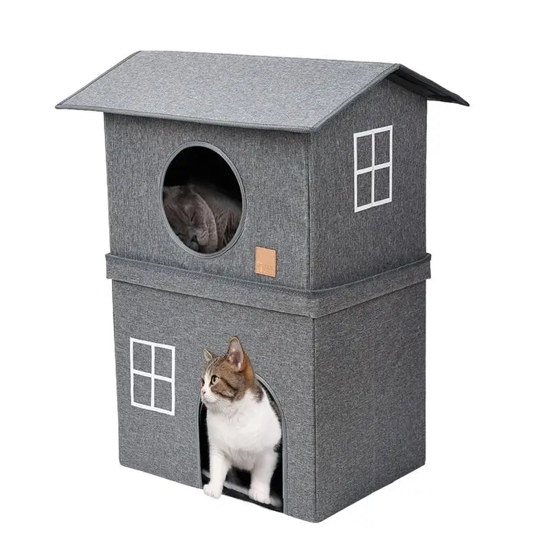 Cat Houses 2-Layer Foldable Winter Pet Shelter For Indoor Use Quick & Easy Assembly Cat Beds Semi-enclosed Pet House Cold