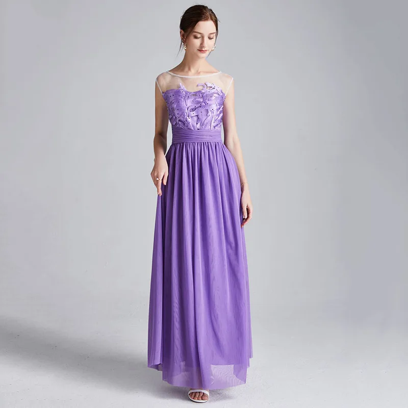 

Summer Evening Dress Mesh Embroidery Long Sleeveless Purple Dress Waist Wrapped Round Neck A-line Dress Pullover Evening Party