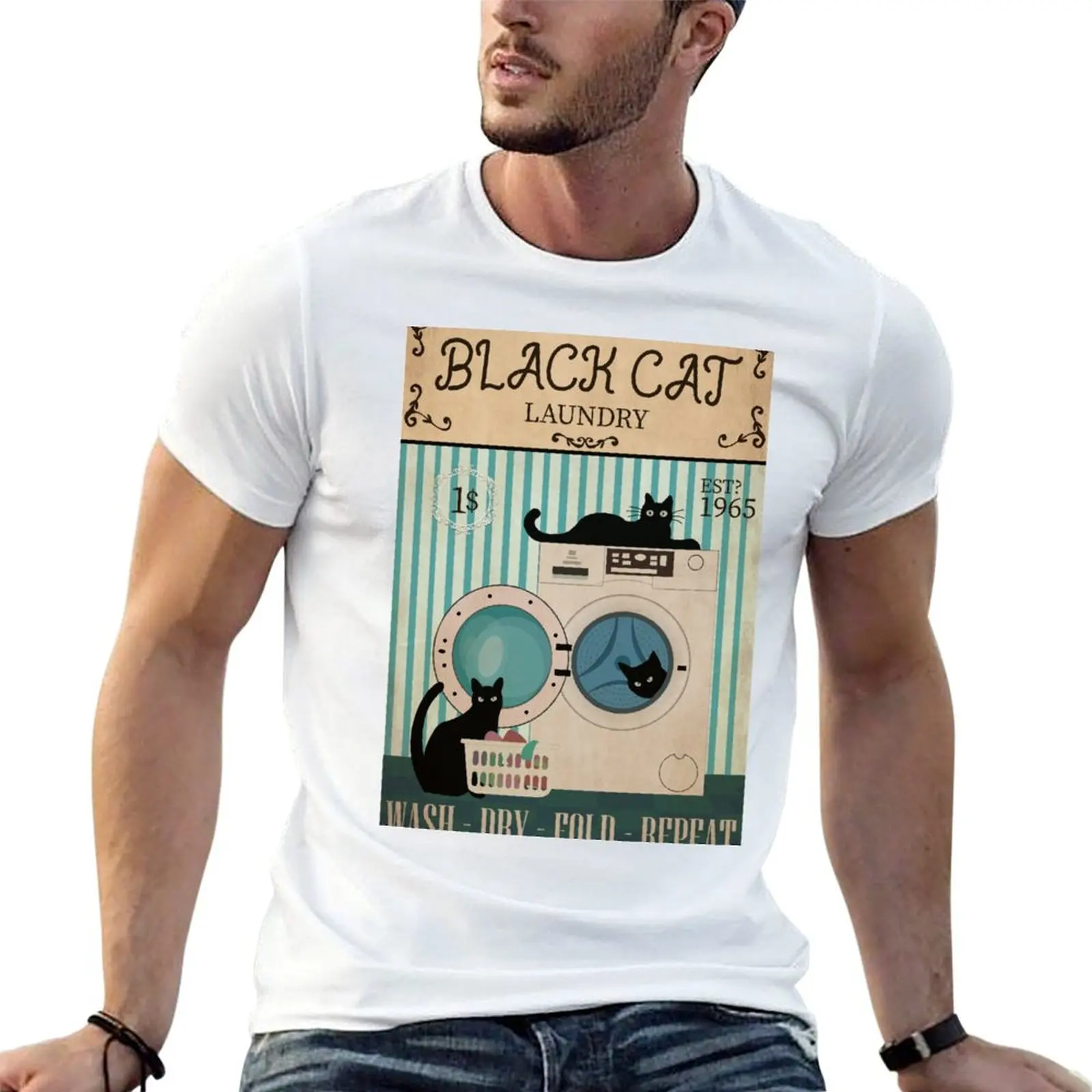 Black Cat Laundry Wash Dry Fold Repeat T-Shirt Big and Tall Casual T-Shirt