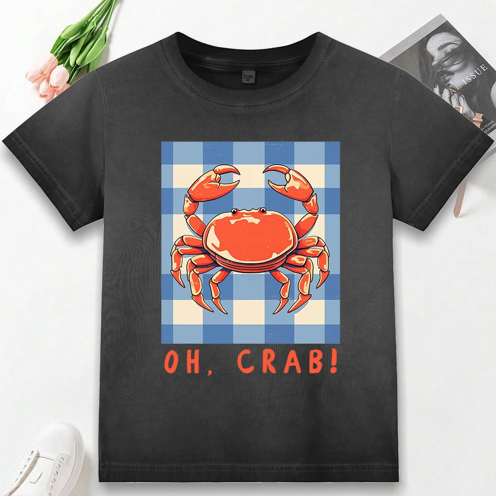 

Oh Crab Cartoon Grid Printing Washed T-Shirt Women Slim Gradient Tee Shirts Slim Dyeing Streetwear Cotton Crewneck Clothes