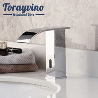 Torayvino Bathroom Chrome & Black Touch Free Sensor Faucet Deck Mounted Basin Sink Waterfall Automatic Infrared Tap Mixer Tap