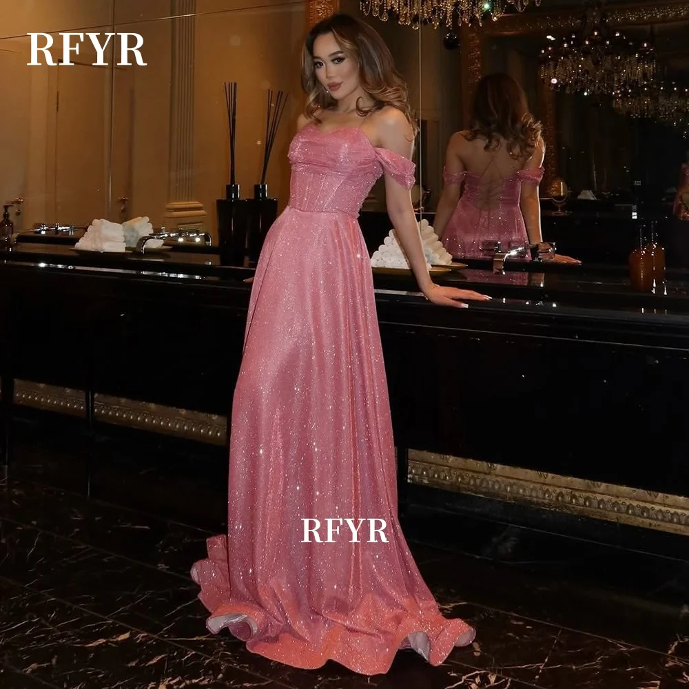 RFYR Pink Prom Dress Off Shoulder Evening Party Dresses with Pleats A Line Gala Princess Dress فساتين مناسبة رسمية Customized