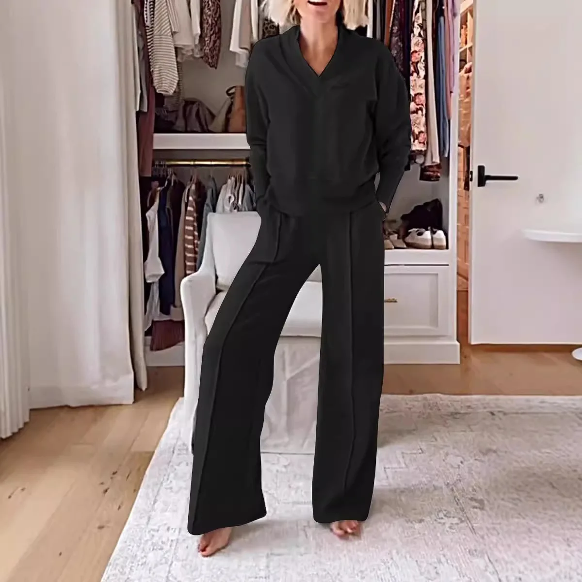 편안한 매칭 라운지웨어 세트, 오버사이즈 V넥 트윈셋, 릴렉스드 롱 슬리브 탑 앙상블, 와이드 레그 팬츠 투피스