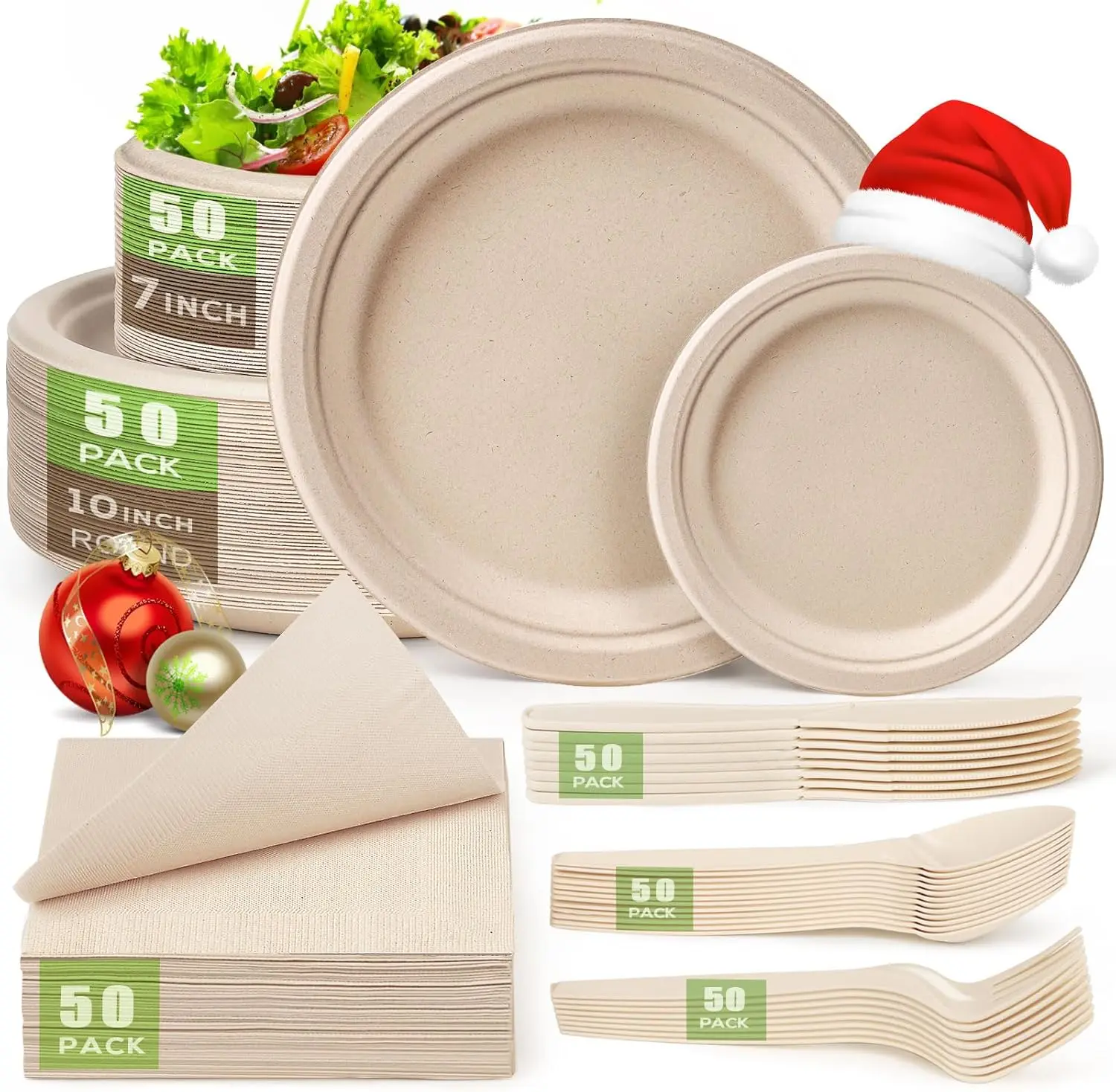 

Eco-friendly 10-inch Compostable Paper Plates Set, 300 Pieces with Heavy-duty Utensils and Napkins for Party