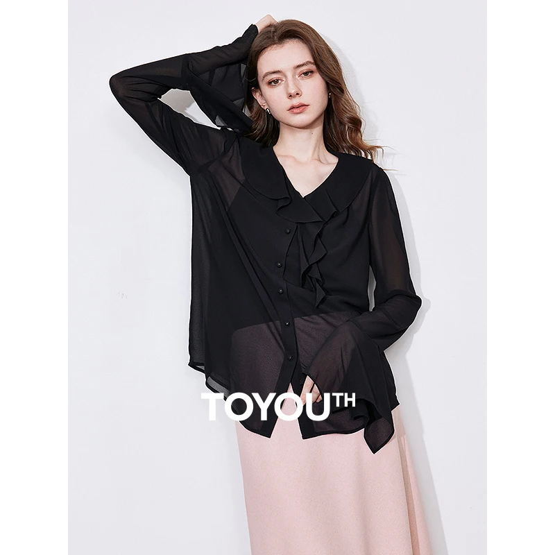 TOYOUTH Women Shirt 2025 Spring New Denim Printed Flare Sleeve Temperament Spicy Girl V Neck Long Sleeve Tops