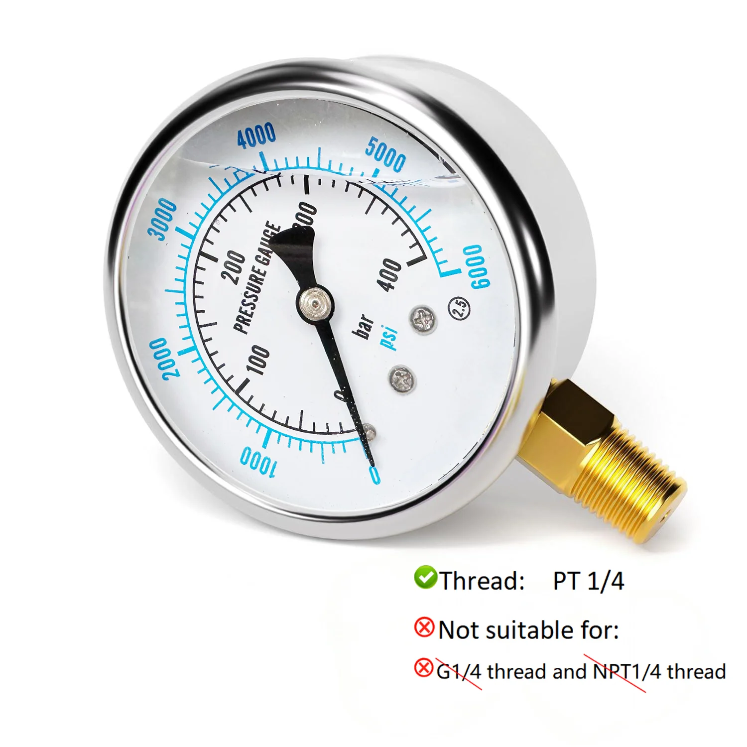 Seismic Pressure Gauge, 400bar, 6000psi, Glycerin Filled, Suitable for PT 1/4 Thread Interface. Includes PTFE.