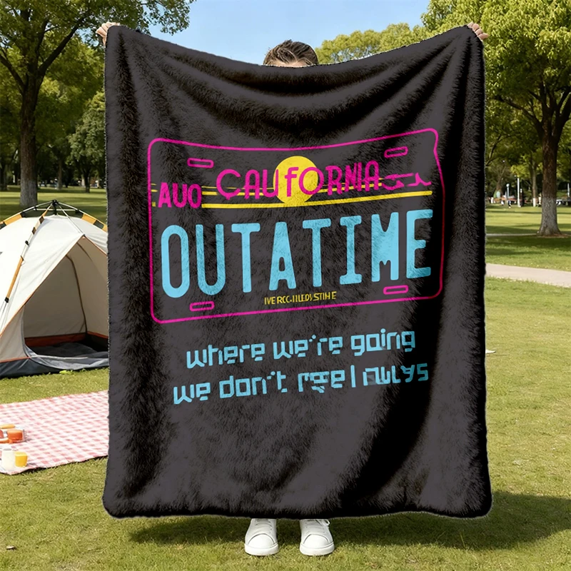 Future Sci-Fi 80s Movie Flannel Blanket, Retro Outatime License Plate Back to Film Graphic Flannel Throw