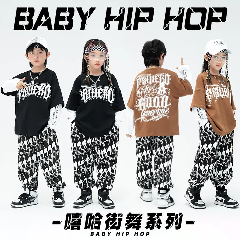 Boys Jazz Dance Costumes Letter Print Fake Two Pieces Sweatshirt Loose Pant Set Streetwear Girl Hip Hop Dance Performance Outfit