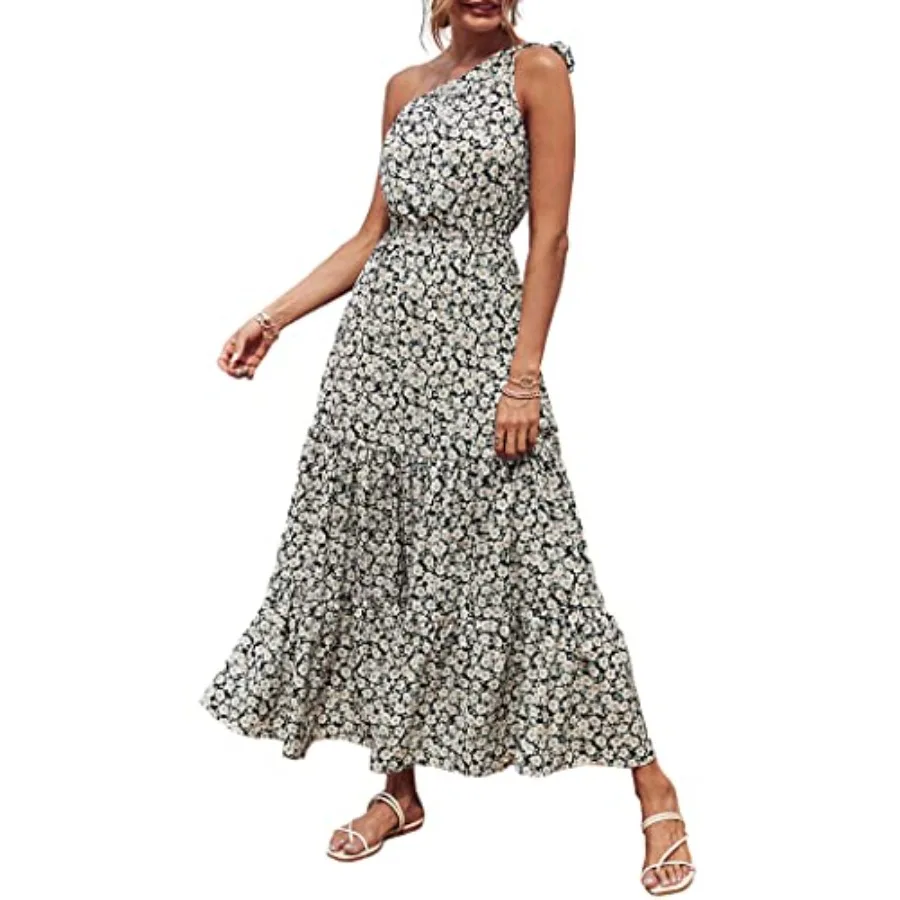 

Женское летнее макси-платье с цветочным принтом, на одно плечо, с узлом и оборками, в стиле бохо, для пляжа, отпуска, свадьбы, длинное солнцезащитное платье