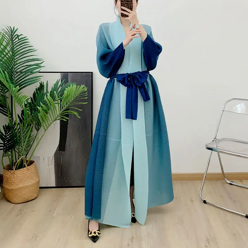 Women's Gradient Robe Long Coat Middle Eastern Costume Lengthened Trench Tie Jacket Cardigan Pleated Loose Drag Floor Trendy