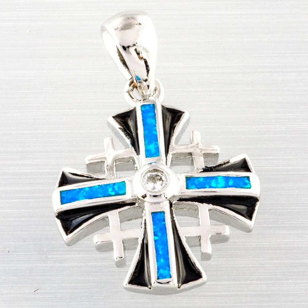 KONGMOON Cruz de Jerusalén océano ópalo de fuego azul CZ joyería chapada en plata para mujer colgante de borde negro para collar