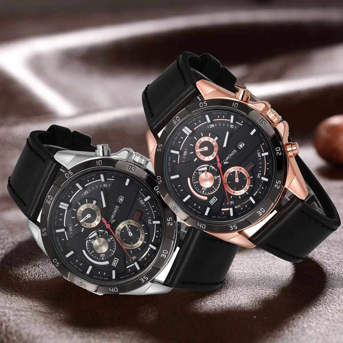 CHRONOS New Fashion Mens Sports Watches Man Business Quartz Wristwatch Luxury Brown Leather Men Casual Luminous Clock Watch