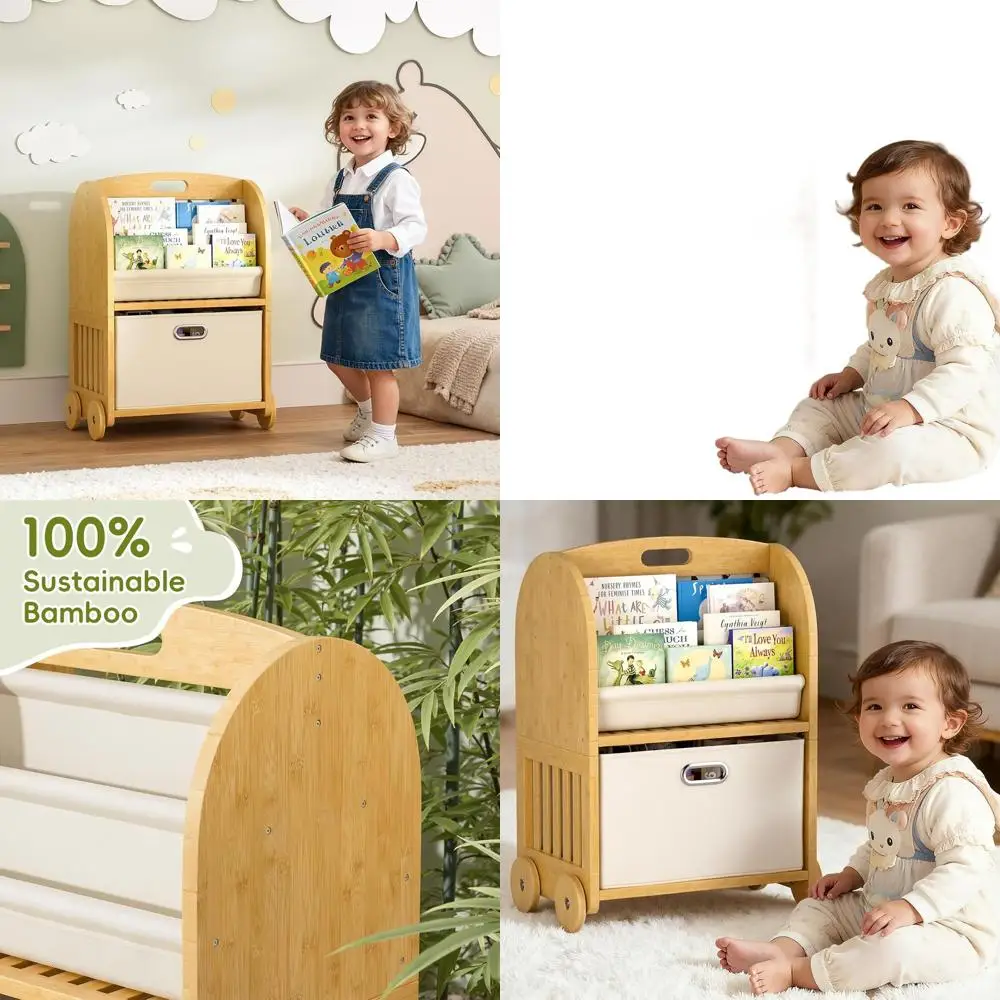 

3-х уровневая бамбуковая книжная полка Монтессори с колесиками и ящиком для хранения для детей, идеально подходит для детской, игровой комнаты и детского сада