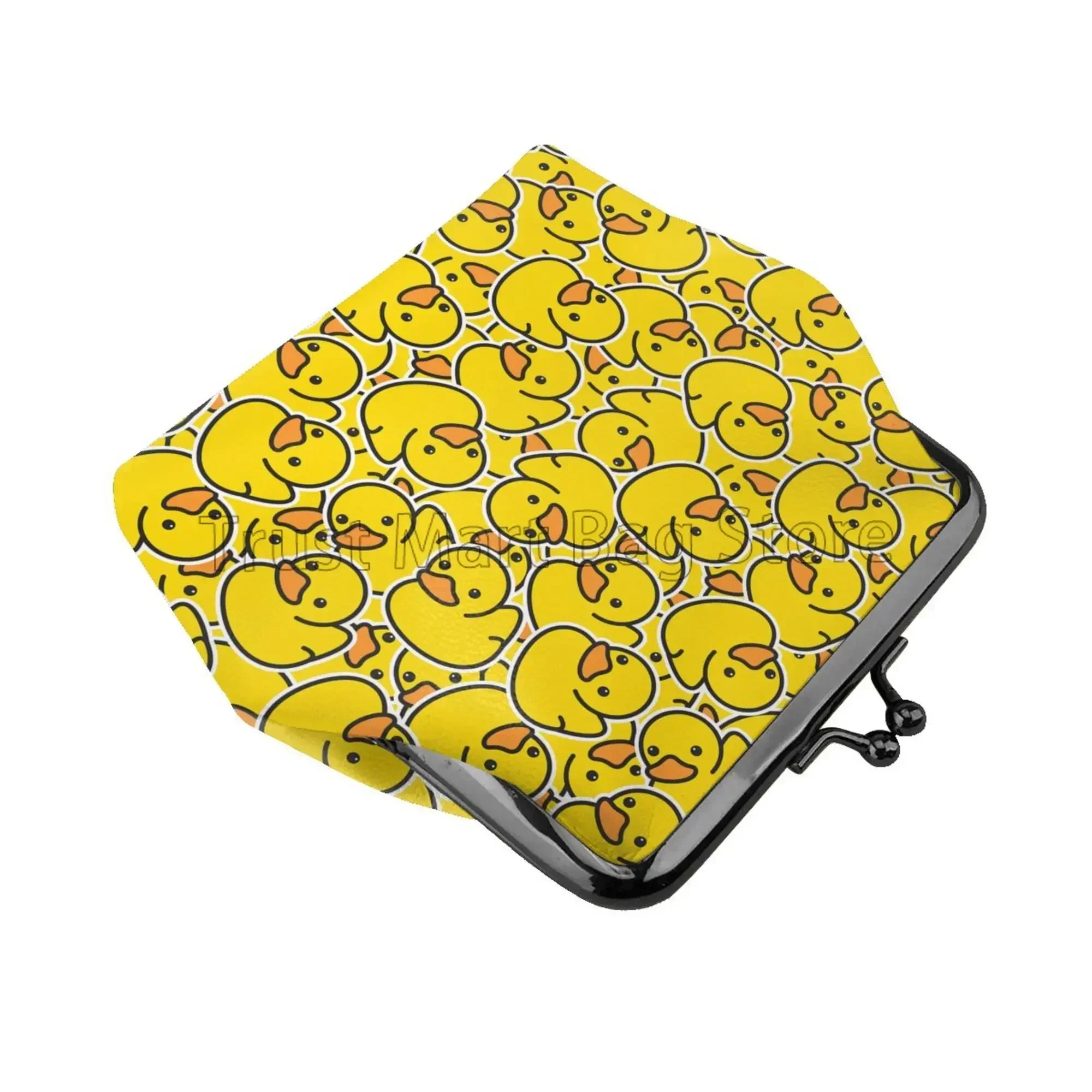 Cute Yellow Duck Print Leather Coin Purse Kawaii Small Kiss-Lock Change Pouch Clasp Closure Buckle Wallet for Women Girls Gift