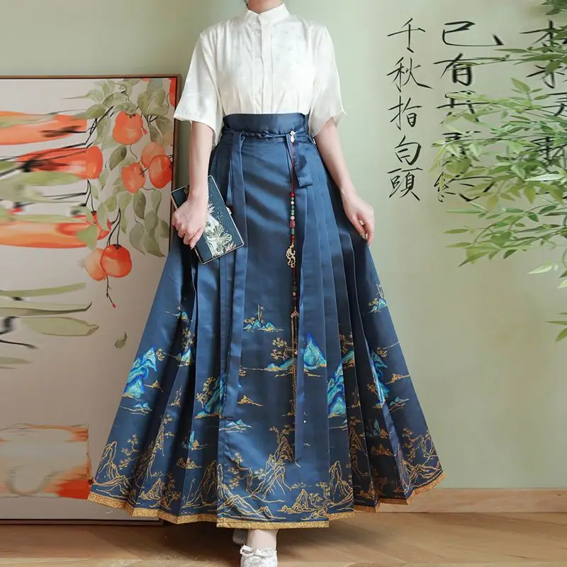 Hanfu kůň obličej sukně ženy Čínské starobylý vintage hanfu tištěným pleats sukně modrá černá béžová shirt+skirt nastaví plus rozměr